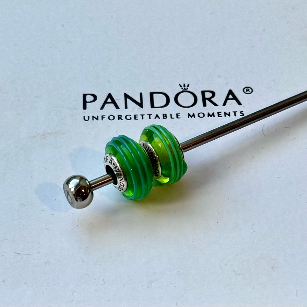 Pandora Lot/2 Green Ribbon Murano Glass Charm